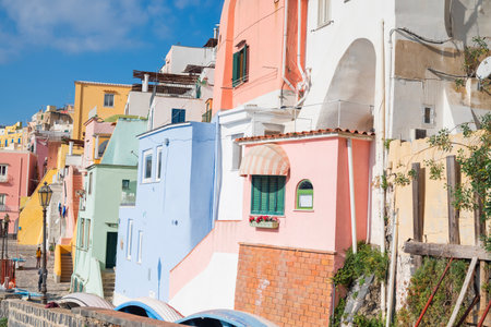view of the narrow streets of old colorful houses in the center of the Italy Naples, Procida islandの写真素材