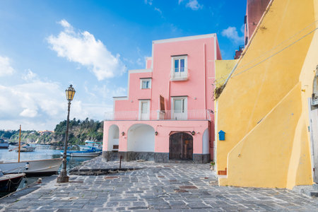 view of the narrow streets of old colorful houses in the center of the Italy Naples, Procida island,の写真素材