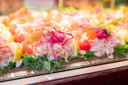 delicious national food of Sweden Stockholm in restaurant SkagenrÃ¶ra shrimp sandwichの写真素材
