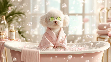 cute Maltese dog in bath with beauty treatments in robe relaxesの素材