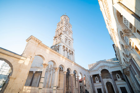 Split, Croatia, Palace of Diocletian in the old town, old ruins with a bell tower in the centerの写真素材