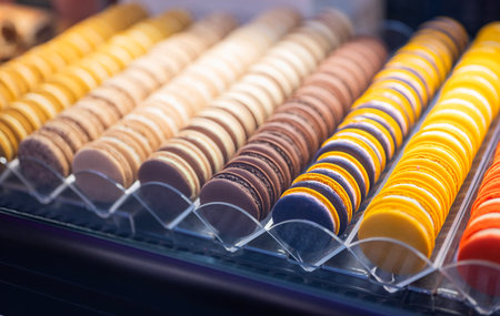 delicious French macaroons in a row in an assortmentの写真素材