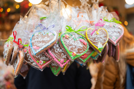 Delicious icing gingerbread cookies at the Christmas market for the New Year in Krakow, Polandの写真素材