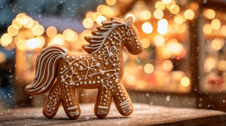 Banner with a horse symbol figurine 2026 gingerbread at a fair on a bokeh background for New Year and Christmasの素材