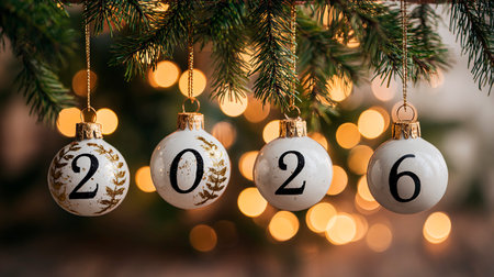 Christmas tree decoration with balls and toys for the New Year 2026 and Christmas on a bokeh background with empty spaceの素材