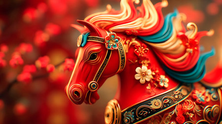 chinese asian new year symbol red horse fire with gold patterns for calendar and cards 2026の素材