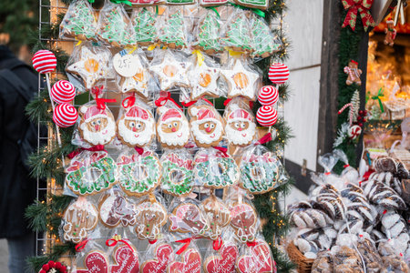 Delicious icing gingerbread cookies at the Christmas market for the New Year in Gdansk, Polandの写真素材