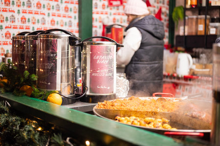 Gdansk Poland, November 28, 2025, fair, mulled wine in cauldrons hot for the celebration of Christmas and New Year in the city centerのeditorial素材