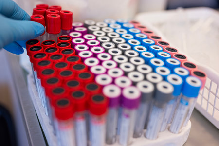 a female doctor holds blood test tubes in a hospitalの写真素材