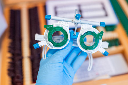 An ophthalmologist wearing gloves holds glasses. Eye test glasses. Trial frame for vision testing. Corrective lenses.の写真素材
