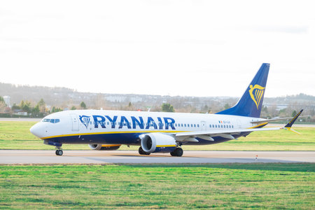 December 28, 2025, Gdansk, Poland, Ryanair plane at the airport on the runway