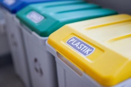 A close-up view of color-coded recycling bins, highlighting a yellow bin labeled PLASTIK in a waste sorting system