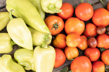 red tomatoes and green peppers ripe vegetables harvest.の写真素材