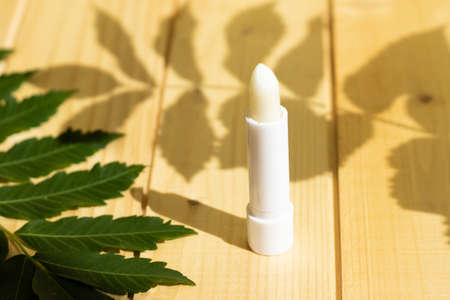 hygienic lipstick on a wooden background in a white case.の写真素材