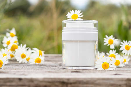 cream with chamomile, concept natural cosmetics, copy spaceの写真素材