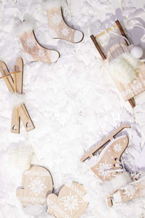 Christmas card, Happy Christmas concept, snow, hat, skis, wooden sleigh, copy space.