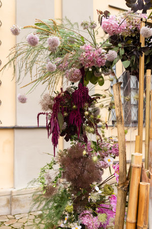 creative flower arrangement. The flower arch is beautifully decorated.Fresh flowersの写真素材
