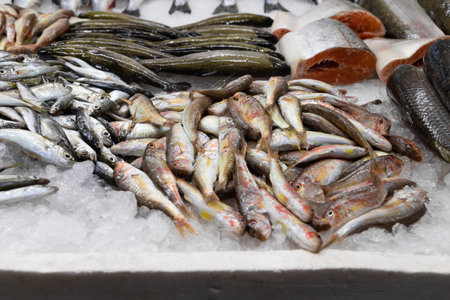 red mullet fish on a fish market counter