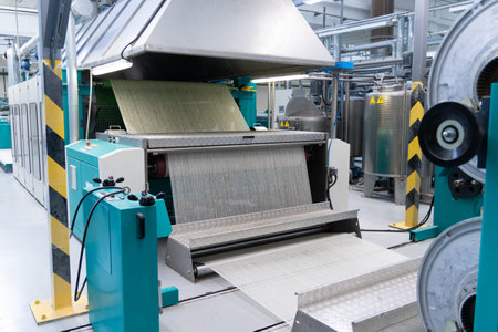 Industrial fabric production line. Looms in a textile factory.