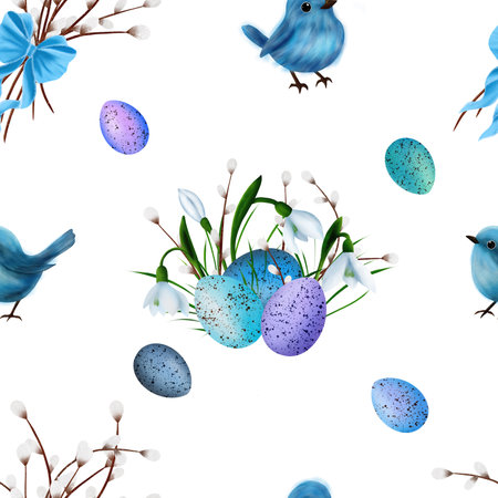 Colourful eggs, blue birds, snowdrops, willow vines on a white background, seamless patternの写真素材