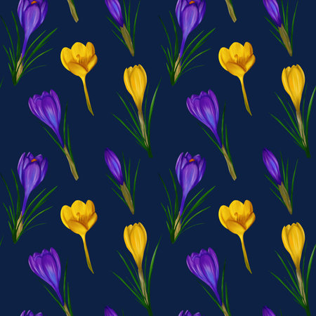 Beautiful violet and yellow crocuses flowers on a black background, seamless patternの写真素材