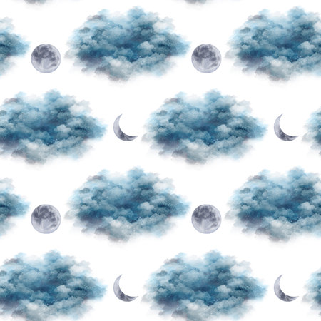 Blue and white clouds, full moon, crescent on white background, seamless pattern. Watercolor digital illustration. Cute for the kids decoration of clothes, textile, wrapping paper, roomの写真素材