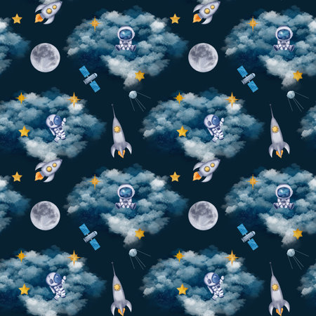 Astronauts, cosmonauts in helmet, space rockets, spaceships, satellite, stars, moon, crescent on black background, seamless pattern. Watercolor digital illustration. Cute for the kids clothes, textileの写真素材