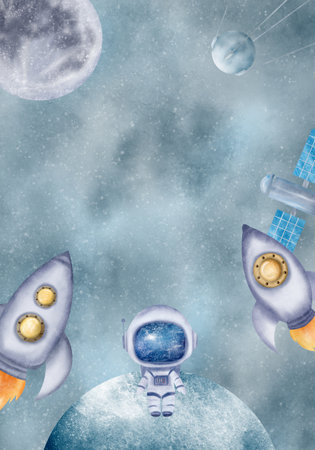 Astronauts, cosmonauts in helmet, space rockets, spaceships, satellites, moon, blue and gray clouds.Hand drawn digital watercolor illustration. Text frame template with space themeの写真素材