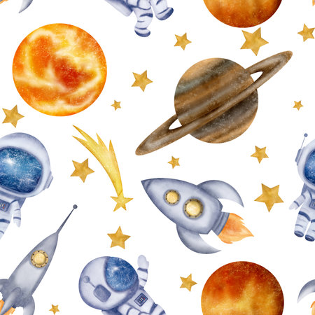 Astronaut, space rockets, spaceships, stars, Sun. Saturn. Venus, shooting star, clouds, seamless pattern. Watercolor digital illustration. Cute for the kids design, decoration of clothes, textileの写真素材