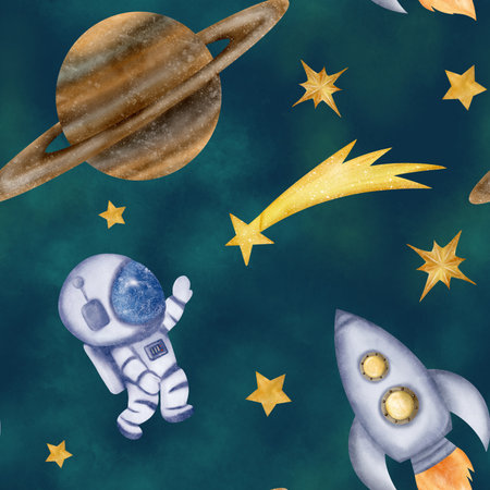 Astronaut, cosmonaut, space rockets, spaceships, stars, Saturn, shooting star, clouds, seamless pattern. Watercolor digital illustration. Cute for the kids design, decoration of clothes, textileの写真素材