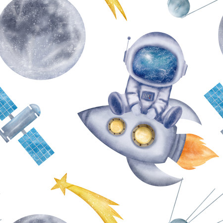 Astronaut, cosmonaut in helmet, space rockets, spaceships, moon, satellites, shooting star, seamless patternの写真素材