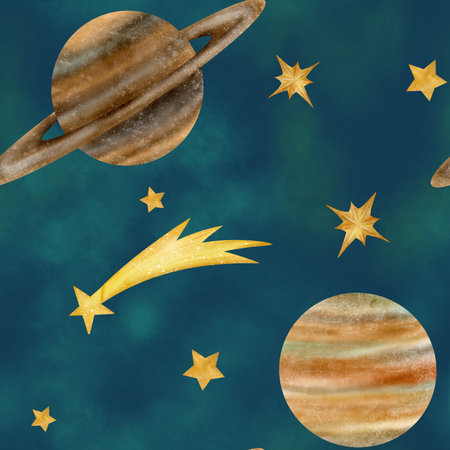 Beautiful Saturn, Jupiter, shooting star, stars. clouds, seamless pattern. Watercolor digital illustration. Cute for the kids design, decoration of clothes, textile, room, wrappersの写真素材