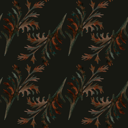 Beautiful autumn blue, orange and brown branches on a black background, seamless floral pattern. Watercolor hand drawn illustration. For fabric, textiles, wrappers, covers, prints, souvenirs, officeの写真素材