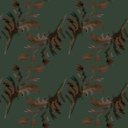 Beautiful autumn blue, orange and brown branches on a green background, seamless floral pattern. Watercolor hand drawn illustration. For fabric, textiles, wrappers, covers, prints, souvenirs, officeの写真素材