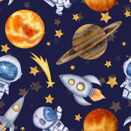 Astronaut, space rockets, spaceships, stars, Sun. Saturn. Venus, shooting star, clouds, seamless pattern. Watercolor digital illustration. Cute for the kids design, decoration of clothes, textileの写真素材