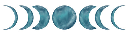 Beautiful blue and green Moon phases isolated on white background. Watercolor hand drawn digital illustration. Cute for the kids design, decoration of clothes, room, interior, textile, printの写真素材