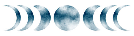 Beautiful blue and white Moon phases isolated on white background. Watercolor hand drawn digital illustration. Cute for the kids design, decoration of clothes, room, interior, textile, printの写真素材
