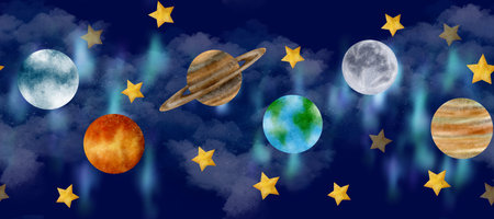 Blue sky, stars, nebula, Jupiter, Moon, Earth, Saturn, Venus, Exoplanet make up this space of...