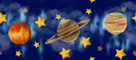 Dark blue sky, stars, nebula, Jupiter, Saturn, Venus, Exoplanet make up this space of seamless...