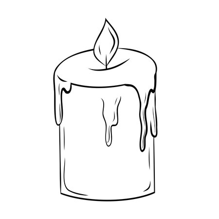 Burning graphic candle with wax drips, vintage, retro, antique. Vector graphic illustration. Candle outline isolated on white. For the design of postcards, posters, stickers, printsのイラスト素材
