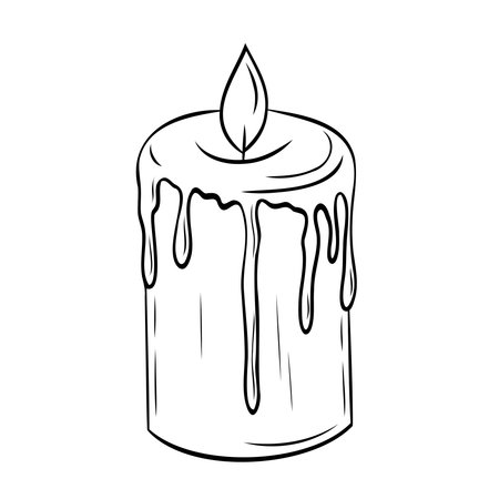 Burning graphic candle with wax drips, vintage, retro, antique. Vector graphic illustration. Candle outline isolated on white. For the design of postcards, posters, stickers, printsのイラスト素材