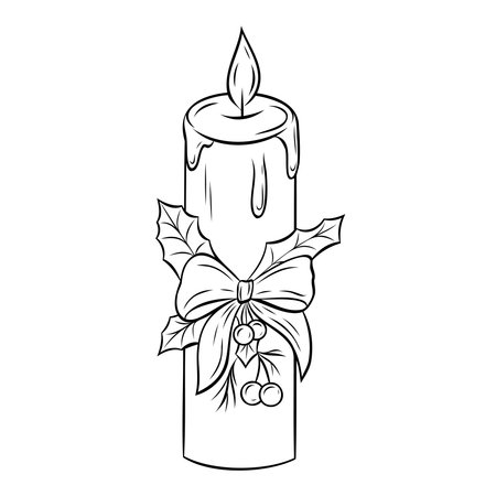 Burning graphic candle with wax drips, bow, berries, vintage, retro, antique. Vector graphic illustration. Candle outline isolated on white. For the design of postcards, posters, stickers, printsのイラスト素材