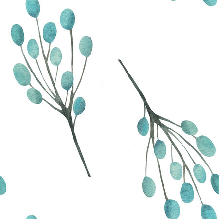 Beautiful colourful blue berries on branch, blueberries on white background, seamless floral botanical pattern. Watercolor hand drawn. For fabric, textiles, wrappers, covers, prints, officeの写真素材