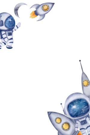 Rectangular frame with astronauts, rockets, Moon, sky background. Digital watercolor. Cute for the kids design of invitations, postcards, posters, flyersの写真素材