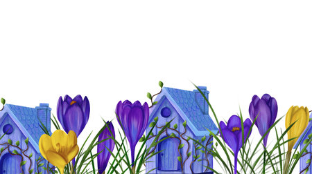 Easter birdhouse with branches, purple and yellow crocuses. Horizontal seamless border. Watercolor digital illustration. For design of invitations, certificates, postcards, posters, flyersの写真素材
