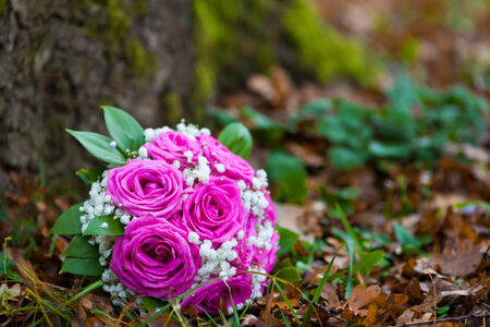bridal bouquet of beautiful pink flowers on holidayの写真素材