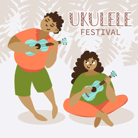 Young man and woman playing hawaiian guitar. Ukulele festival poster. Monstera plant leafs on background.のイラスト素材