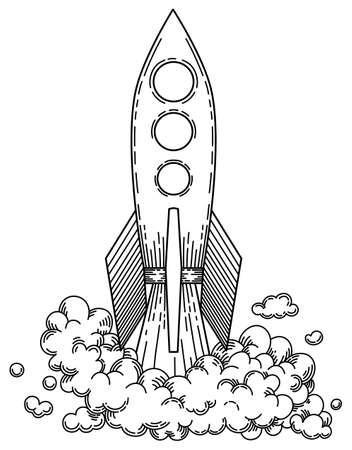 Rocket soon black and white drawing website coming soon with flatのイラスト素材