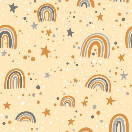 scandinavian seamless pattern clouds, rain, sun and rainbow. Cute simple doodle background for children room textile, wallpaperの写真素材