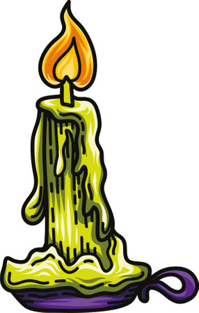 Wax candle on a candlestick with a lit fire, green, Halloweenのイラスト素材